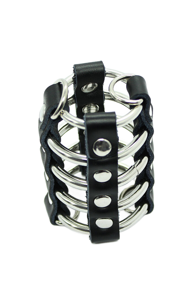 OHMAMA FETISH - GABBIA PER PENE CON ANELLI IN METALLO E CINTURINI IN PELLE