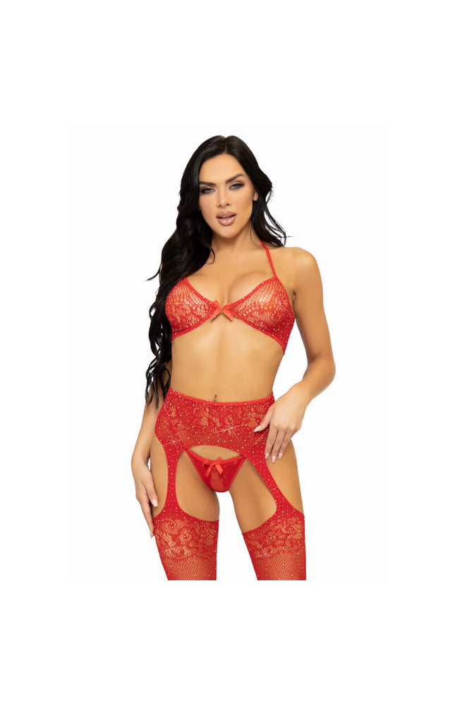 LEG AVENUE - SET TRE PEZZI REGGISENO, PERING E CALZA TAGLIA UNICA - NERO