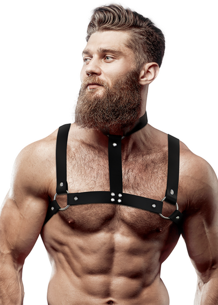 FETISH SUBMISSIVE ATTITUDINE - IMBRACATURA REGOLABILE IN ECOPELLE CON COLLANA PER UOMO