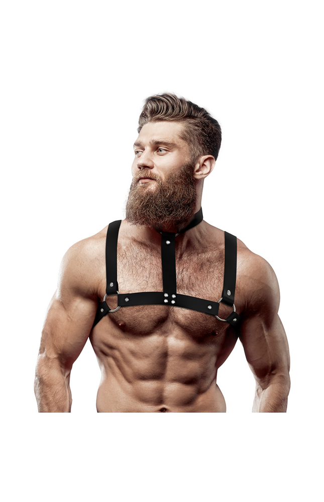 FETISH SUBMISSIVE ATTITUDINE - IMBRACATURA REGOLABILE IN ECOPELLE CON COLLANA PER UOMO