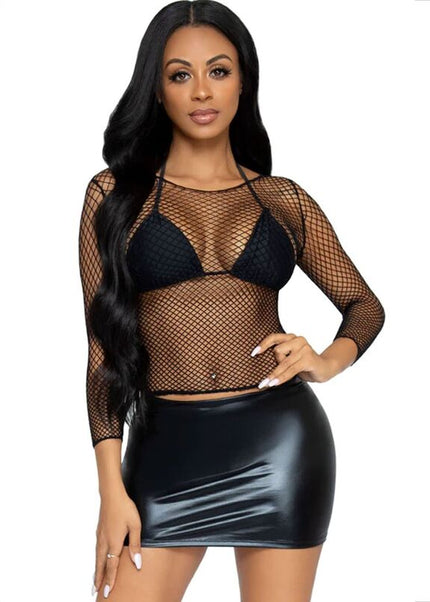 LEG AVENUE - T-SHIRT A RETE MANICHE LUNGHE NERA