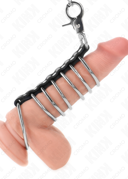 KINK - 7 ANELLI PER PENE IN METALLO DA 3,8 CM A 5 CM COLLEGATI CON PELLE E CATENA IN METALLO 100 CM