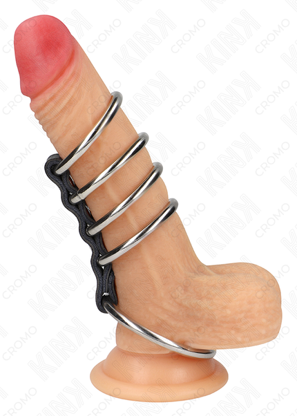 KINK - 5 ANELLI PER PENE DA 3,7 CM A 5 CM METALLO COLLEGATI DA PELLE