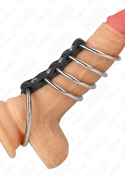 KINK - 5 ANELLI PER PENE DA 3,7 CM A 5 CM METALLO COLLEGATI DA PELLE