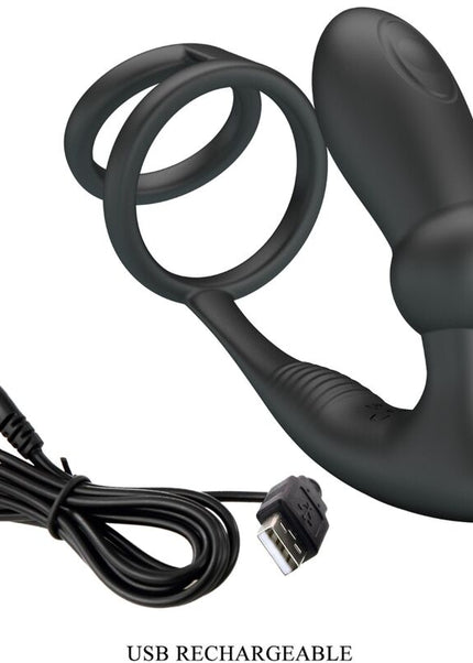 PRETTY LOVE - ANELLO PER PENE EMONI + TAPPO ANALE 12 VIBRAZIONI NERO