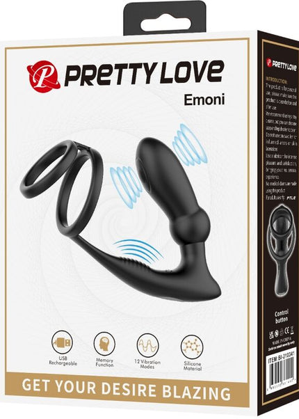 PRETTY LOVE - ANELLO PER PENE EMONI + TAPPO ANALE 12 VIBRAZIONI NERO