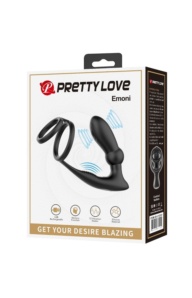 PRETTY LOVE - ANELLO PER PENE EMONI + TAPPO ANALE 12 VIBRAZIONI NERO