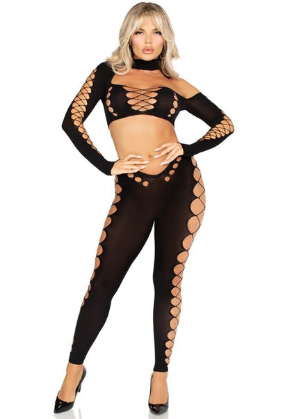 LEG AVENUE - TOP CORTO E LEGGINGS CUT-OUT SENZA CUCITURE NERO