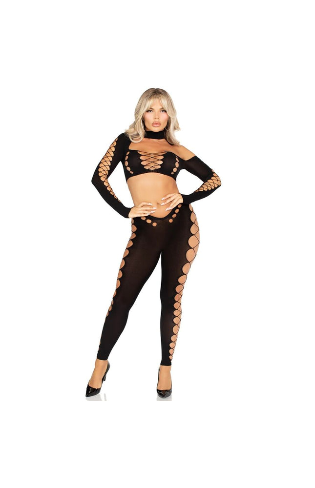 LEG AVENUE - TOP CORTO E LEGGINGS CUT-OUT SENZA CUCITURE NERO