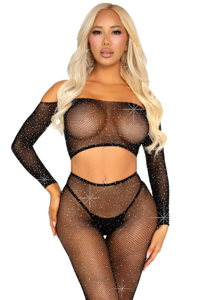 LEG AVENUE - CROP TOP E LEGGING A RETE CON STRASS NERO